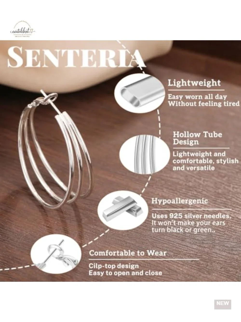 925 Sterling Silver Post Hoop Earrings Hypoallergenic Gold Plated Triple Hollow